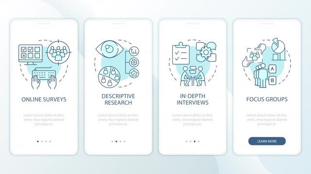 Qualitative consumer insights frameworks animated onboarding mobile app screens. User research. UI layout animation with cyan line concept icons. Modern flat interface style motion graphics