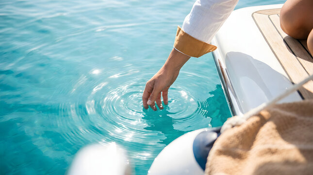 Hand dipping into turquoise sea from a yacht creates circular ripples, expressing calm refreshment, summer freedom, and luxury travel leisure