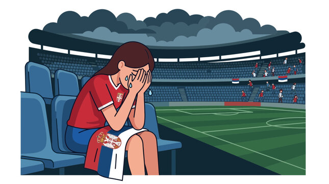 Sad Serbian Fan Crying at Football Stadium, Disappointment, Sports Loss