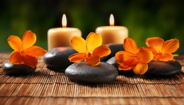 zen spa scene with lit candles orange blossom and pebbles