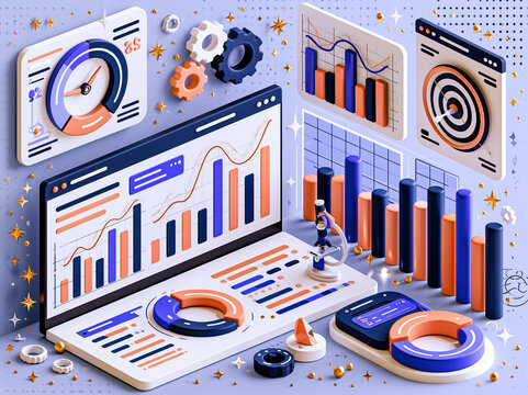 Vibrant data visualization graphic design, featuring colorful charts pie, bar, line and gaugesmeters Central pie chart surrounded by smaller graphs Unique graph designs suggest dif - AI-Generated