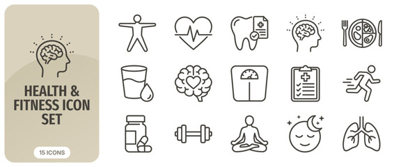 Fototapeta premium Health and fitness icon set, including symbols for exercise, nutrition, mental health, medical checkups, and wellness, vector illustration