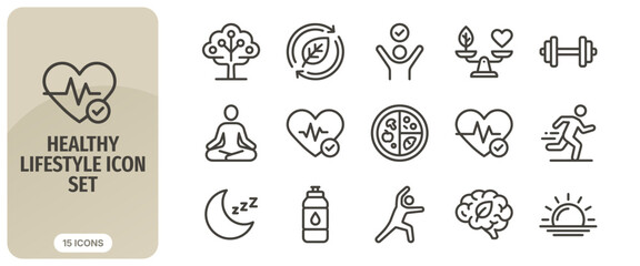 Healthy lifestyle icon set, fitness, diet, wellness, yoga, nutrition, sport, vector illustration © Abir Creative Studio
