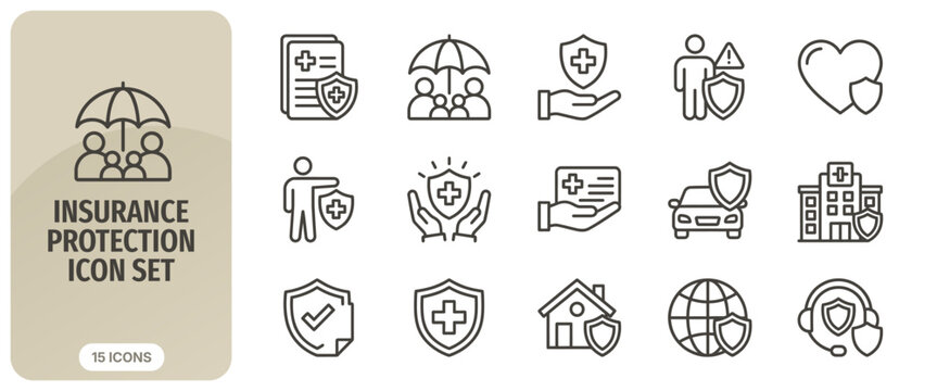 Insurance protection icon set, line style, vector illustration collection of insurance symbols including health, life, car, home, and global coverage icons