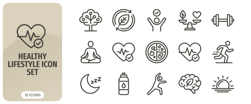 Healthy lifestyle icon set, fitness, diet, wellness, yoga, nutrition, sport, vector illustration
