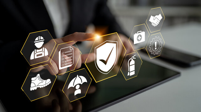 Digital interface showcasing various safety and health icons, emphasizing the importance of workplace safety management, investment in employee well-being, and regulatory compliance measures. Glyphic.
