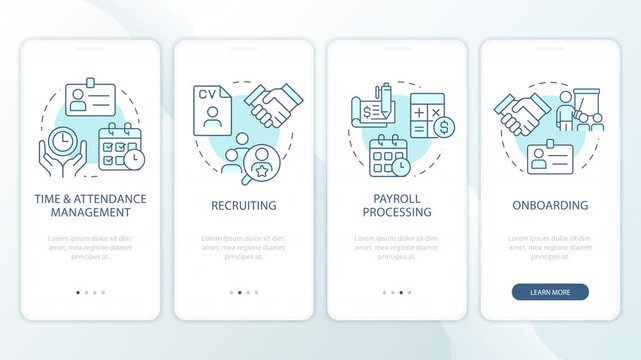 Human resources management animated onboarding mobile app screens. Integrated workforce operations. UI layout animation with cyan line concept icons. Modern flat interface style motion graphics