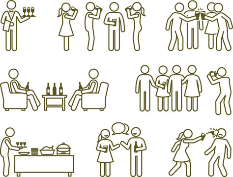 People celebration and drinking thin line icon set collection for party event and dinner.