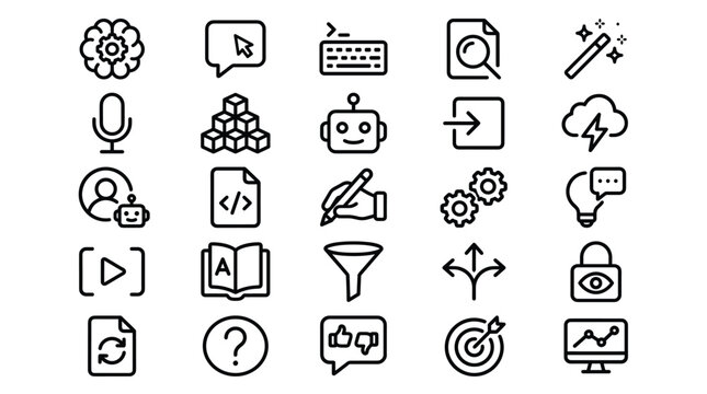 Set of advanced technology and digital workspace icons for artificial intelligence programming and automated software systems in creative business workflow apps.