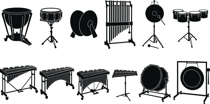 Classical orchestral percussion musical instruments and concert mallets icons set with black silhouettes isolated on white