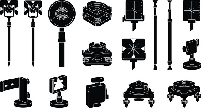 Land surveying retroreflective prism targets tribrach mounts and optical engineering measurement accessories icons set with black silhouettes