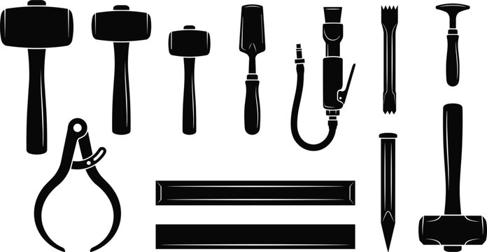 Professional stonemasonry stone carving workshop craft and masonry hand tools icons set with black silhouettes isolated