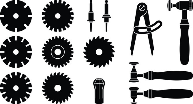 Professional watchmaking lapidary and jewelry stone stone cutting slitting saw discs and setting artisan tools icons set