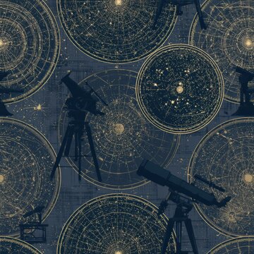 A repeating pattern featuring star charts and telescope shapes in dark colors. The theme reflects vintage science aesthetics from the 1940s.