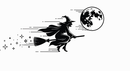 Obraz premium A witch flies on her broomstick towards the full moon with sparkles around her in the night sky.