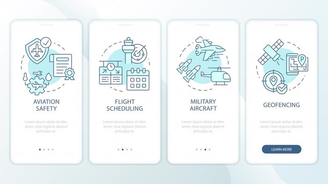 Smart aviation technologies animated onboarding mobile app screens. Defense airspace systems. UI layout animation with cyan line concept icons. Modern flat interface style motion graphics