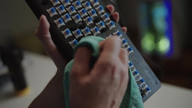 Close-up view of person wiping dust and dirt from dirty custom mechanical keyboard with microfiber cloth after removing keycaps for deep cleaning and maintenance. Shooting in slow motion