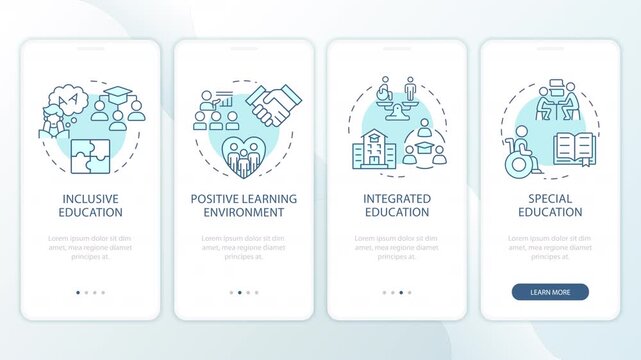 Neurodivergent student support animated onboarding mobile app screens. Equal learning opportunities. UI layout animation with cyan line concept icons. Modern flat interface style motion graphics