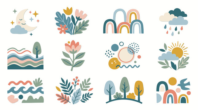 Cute Nature and Weather Elements Illustration Set with Moon, Rainbows, Flowers, and Clouds on Isolated White Background.