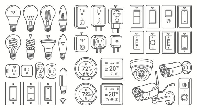 Line art icon set of smart home technology and electrical devices for automation, in isolated white background.