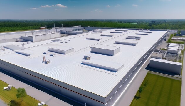 seamless white pvc commercial flat roof of factory summer day aerial high view generative ai