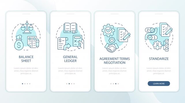 Scalable corporate compliance systems animated onboarding mobile app screens. Asset management. UI layout animation with cyan line concept icons. Modern flat interface style motion graphics