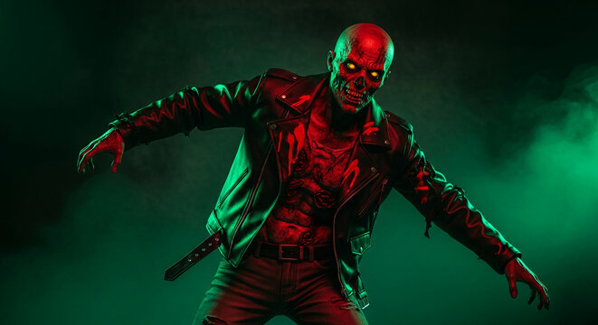 A menacing zombie in a leather jacket, with glowing yellow eyes and red-splattered details, enveloped in green smoke, symbolizing horror and the supernatural.
