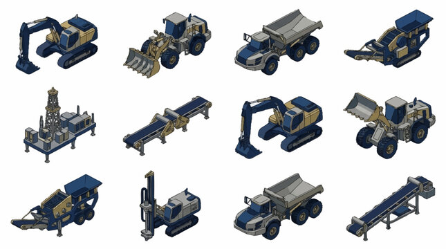 Collection of heavy construction machinery and equipment models.