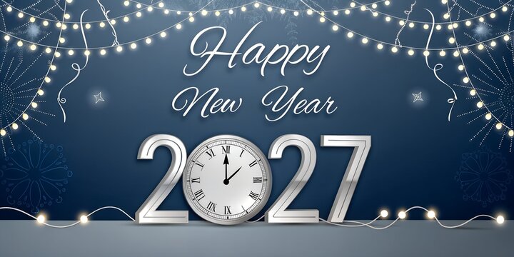Happy new year 2027 background with glowing string lights and silver clock typography celebration greeting midnight background countdown typography decorative resolution upcoming