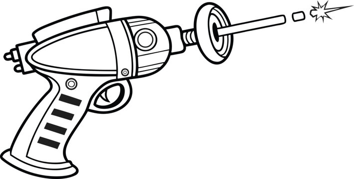 Retro sci-fi ray gun vector illustration, vintage space blaster line art, futuristic laser pistol coloring page, comic style raygun weapon