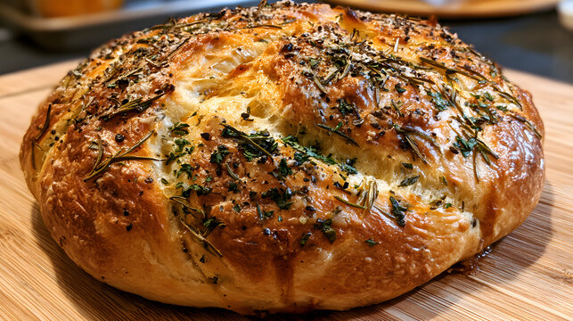 Buttery crust with herb flecks (rosemary, thyme, parsley) and cracked black pepper, tiny streaks of pan jus shining in the crevices