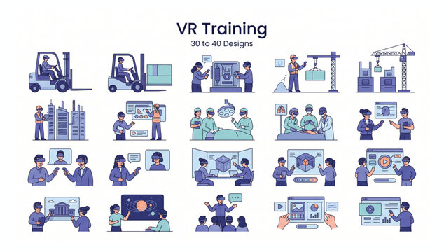 Set of virtual reality industrial training and professional simulation icons for workplace learning and development with training industrial simulation technology learning workplace software