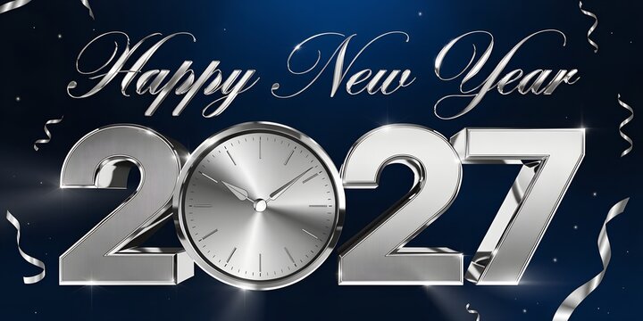 Metallic happy new year 2027 greeting with silver clock face replacing the zero digit on dark background metallic celebration typography background streamers midnight greeting announcement