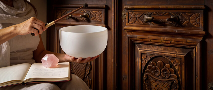 Woman Playing Tibetan Singing Bowl for Sound Healing Therapy and Meditation
