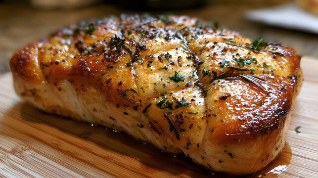 Buttery crust with herb flecks (rosemary, thyme, parsley) and cracked black pepper, tiny streaks of pan jus shining in the crevices