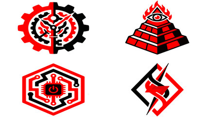 Obraz premium Red and black cyberpunk emblem set with industrial gear and pyramid symbols isolated on transparent background abstract vector illustration 