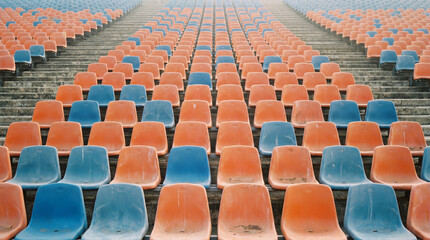 Obraz premium Endless Rows Of Empty Plastic Stadium Seats Stretching Into The Distance At A Sports Arena