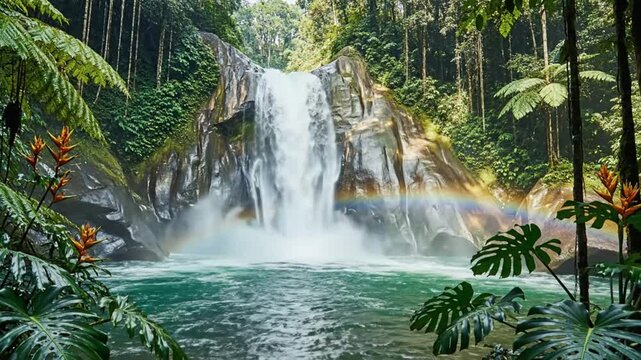 Scenic waterfall cascading into a turquoise pool in a lush, green rainforest environment creating a beautiful rainbow