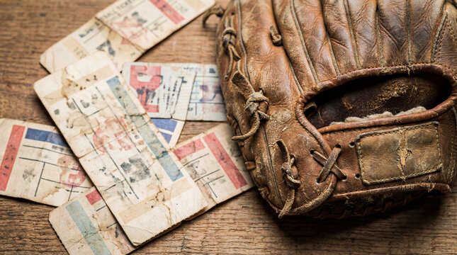 Beautiful nostalgic collection showing faded retro baseball tickets scattered gently beside weathered antique leather gloves