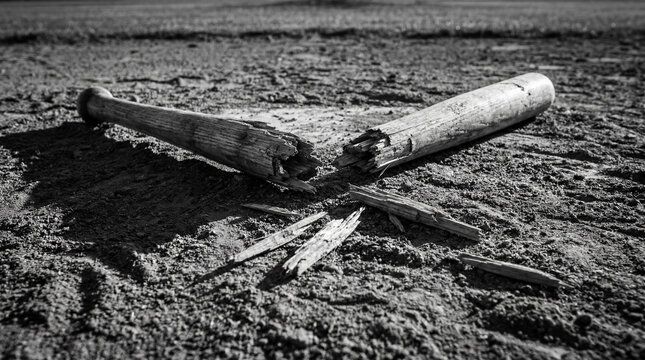 Analyze A Severely Cracked Wooden Baseball Bat Lying Completely Split On The Dry Infield Dirt