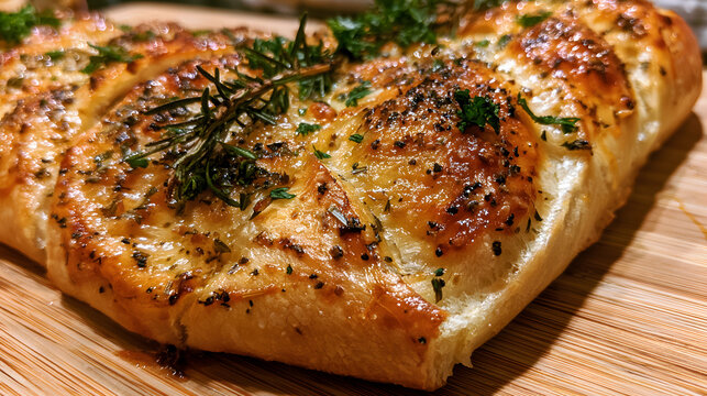 Buttery crust with herb flecks (rosemary, thyme, parsley) and cracked black pepper, tiny streaks of pan jus shining in the crevices