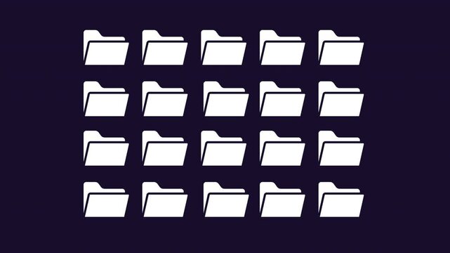 Folders collection white glyph icons growth animation. Digital files organization structure. Data directory. Animated solid symbol multiplying into structured matrix. HD video with alpha channel
