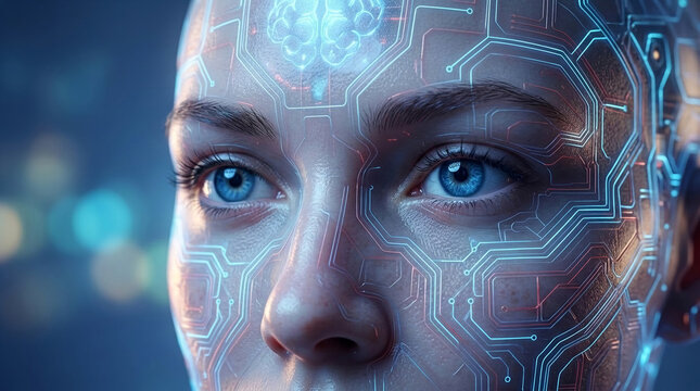 Close-up of a human face with integrated circuit patterns, showcasing futuristic integration of technology and humanity, representing artificial intelligence and digital evolution