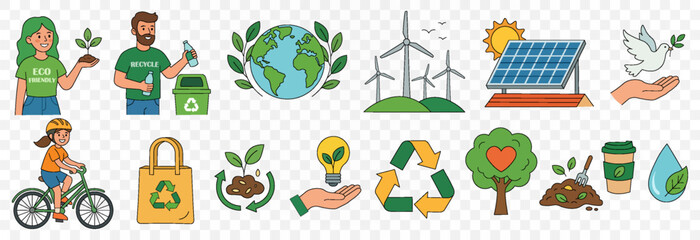 Fototapeta premium Vector green life png. Ecology and environment protection vector icon set. Collection of symbols for green energy, recycling, and sustainable world in flat style.