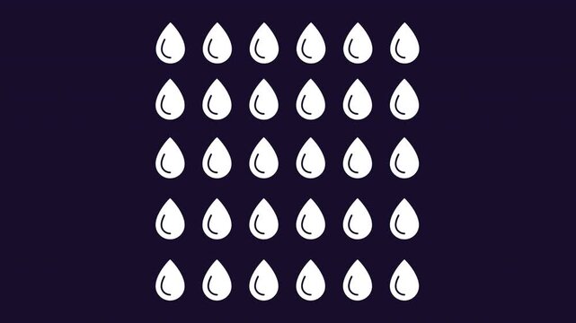 Water drops white glyph icons growth animation. Single cloud can contain billions of water droplets. Animated solid symbol multiplying into structured matrix. HD video with alpha channel