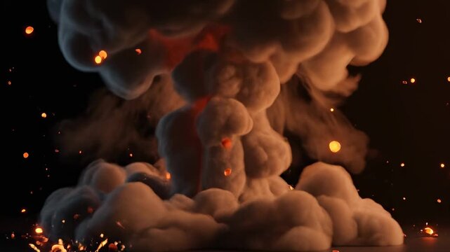 A massive explosion with a mushroom cloud and flames rising into a dark sky