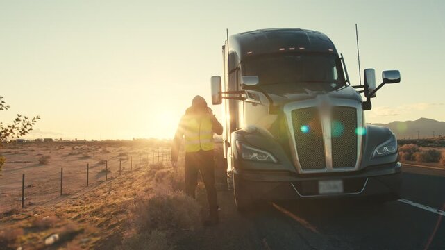 Frustrated truck driver calling for help on a desert highway at sunset