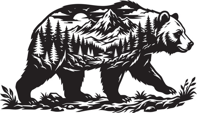 Black bear silhouette, forest landscape vector, mountain wildlife icon, nature symbol