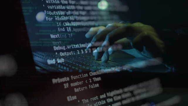Close-up reflection of hands typing on a laptop keyboard blended with scrolling computer code lines. Visualizes software development, programming, hacking, and cybersecurity.