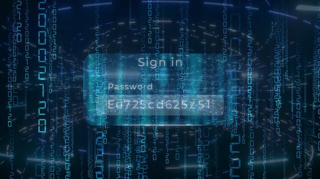 A translucent Sign In and Password prompt floating inside a matrix of falling blue binary code. Represents cyber security, data protection, hacking, and digital privacy.